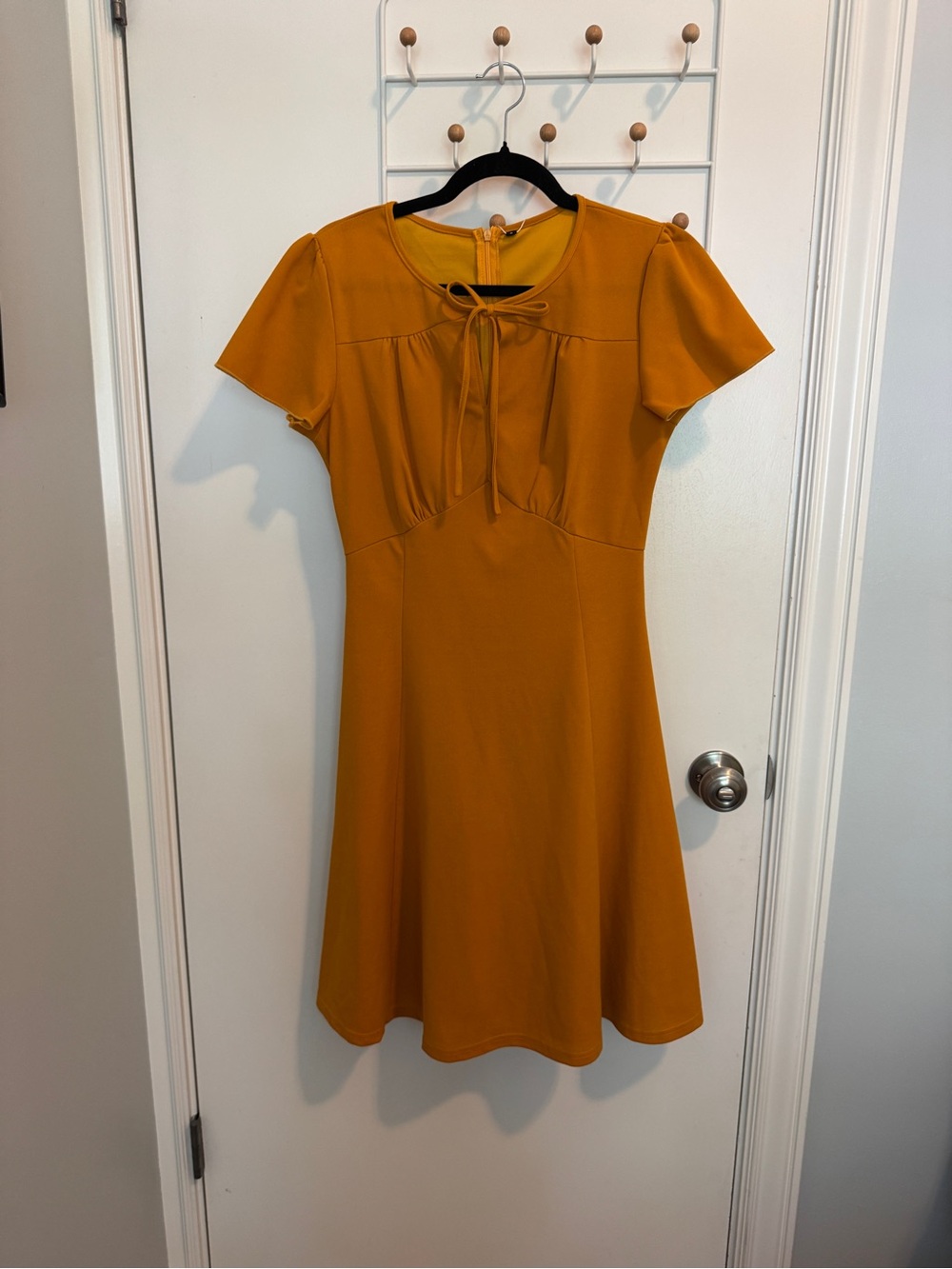 Amazon Mustard Short Sleeve Tie-Neck Mini Dress